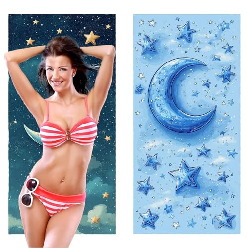 Strandtuch, Groß Strandhandtuch 70 x 140 cm 2er Set Mikrofaser Handtuch - Sandfrei Badetuch, Saugfähig und Schnelltrocknendes Handtuch/Strandtuch xxl Saunatuch Stranddecke Zubehör (Mond Sterne) V-1079 von QIANLUOO