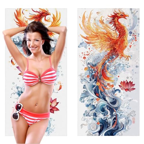 Strandtuch, Groß Strandhandtuch 70 x 140 cm 2er Set Mikrofaser Handtuch - Sandfrei Badetuch, Saugfähig und Schnelltrocknendes Handtuch/Strandtuch xxl Saunatuch Stranddecke Zubehör (Phoenix) V-297 von QIANLUOO