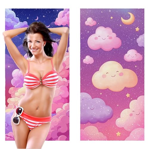 Strandtuch, Groß Strandhandtuch 70 x 140 cm 2er Set Mikrofaser Handtuch - Sandfrei Badetuch, Saugfähig und Schnelltrocknendes Handtuch/Strandtuch xxl Saunatuch Stranddecke Zubehör (Wolken) V-1083 von QIANLUOO