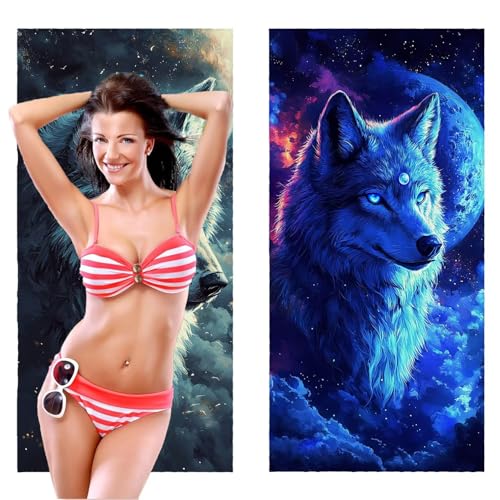 Strandtuch, Groß Strandhandtuch 70 x 140 cm 2er Set Mikrofaser Handtuch - Sandfrei Badetuch, Schnelltrocknendes Handtuch/Strandtuch xxl Saunatuch Stranddecke Zubehör (Der Mond der Wolf) V-1073 von QIANLUOO