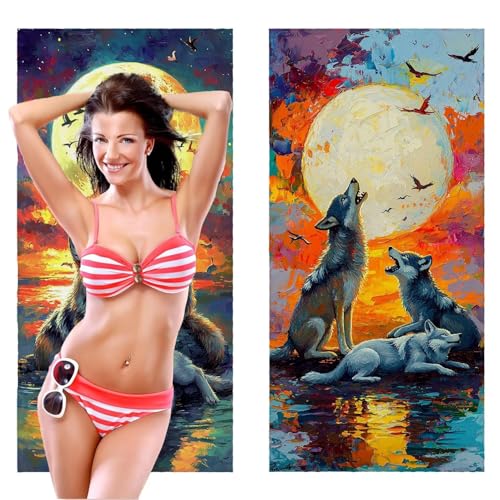Strandtuch, Groß Strandhandtuch 70 x 140 cm 2er Set Mikrofaser Handtuch - Sandfrei Badetuch, Schnelltrocknendes Handtuch/Strandtuch xxl Saunatuch Stranddecke Zubehör (Der Mond der Wolf) V-1077 von QIANLUOO