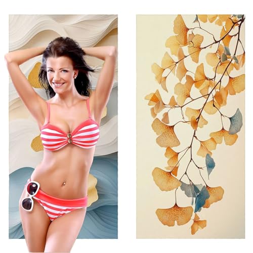 Strandtuch, Groß Strandhandtuch 70 x 140 cm 2er Set Mikrofaser Handtuch - Sandfrei Badetuch, Schnelltrocknendes Handtuch/Strandtuch xxl Saunatuch Stranddecke Zubehör (Pflanzen Ginkgo Blätter) V-1107 von QIANLUOO