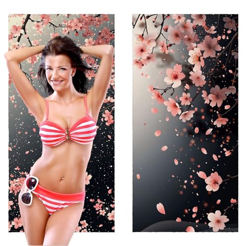 Strandtuch, Groß Strandhandtuch 70 x 140 cm 2er Set Mikrofaser Handtuch - Sandfrei Badetuch, Schnelltrocknendes Handtuch/Strandtuch xxl Saunatuch Stranddecke Zubehör (Pink Kirschblüten) V-273 von QIANLUOO