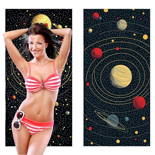 Strandtuch, Groß Strandhandtuch 70 x 140 cm 2er Set Mikrofaser Handtuch - Sandfrei Badetuch, Schnelltrocknendes Handtuch/Strandtuch xxl Saunatuch Stranddecke Zubehör (Weltall Planeten) V-1051 von QIANLUOO