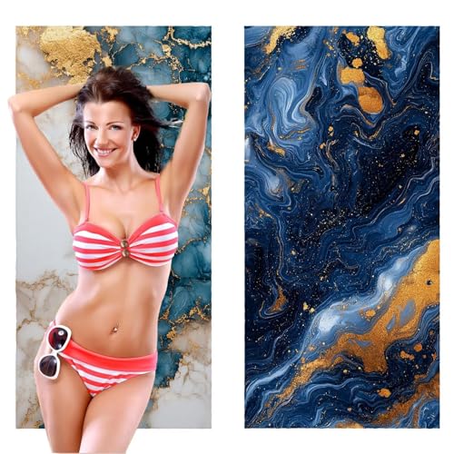 Strandtuch, Groß Strandhandtuch 75 x 150 cm 2er Set Mikrofaser Handtuch - Sandfrei Badetuch, Saugfähig und Schnelltrocknendes Handtuch/Strandtuch xxl Saunatuch Stranddecke Zubehör (Marmor Blau) V-214 von QIANLUOO