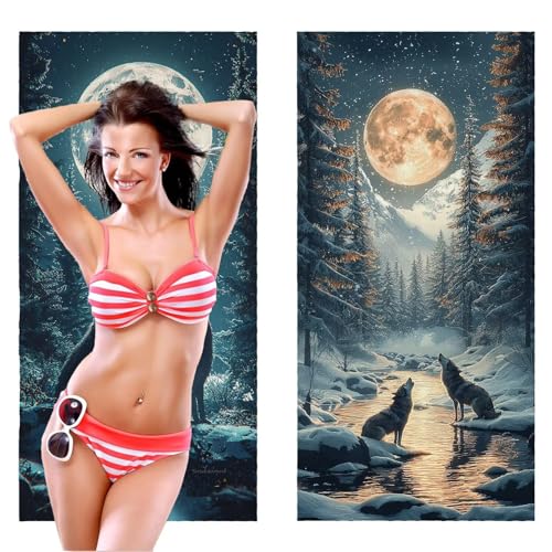 Strandtuch, Groß Strandhandtuch 75 x 150 cm 2er Set Mikrofaser Handtuch - Sandfrei Badetuch, Schnelltrocknendes Handtuch/Strandtuch xxl Saunatuch Stranddecke Zubehör (Der Mond der Wolf) V-1076 von QIANLUOO
