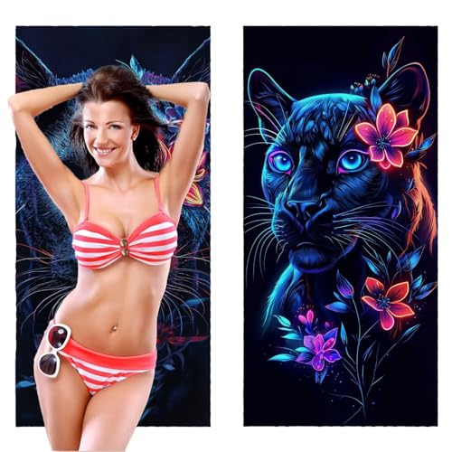 Strandtuch, Groß Strandhandtuch 75 x 150 cm 2er Set Mikrofaser Handtuch - Sandfrei Badetuch, Schnelltrocknendes Handtuch/Strandtuch xxl Saunatuch Stranddecke Zubehör (Schwarze Panther Blumen) V-384 von QIANLUOO
