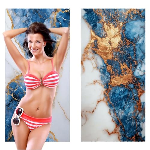Strandtuch, Groß Strandhandtuch 80 x 160 cm 2er Set Mikrofaser Handtuch - Sandfrei Badetuch, Saugfähig und Schnelltrocknendes Handtuch/Strandtuch xxl Saunatuch Stranddecke Zubehör (Marmor Blau) V-215 von QIANLUOO