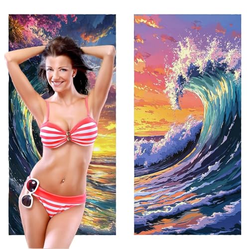 Strandtuch, Groß Strandhandtuch 80 x 160 cm 2er Set Mikrofaser Handtuch - Sandfrei Badetuch, Saugfähig und Schnelltrocknendes Handtuch/Strandtuch xxl Saunatuch Stranddecke Zubehör (Wellen) V-335 von QIANLUOO