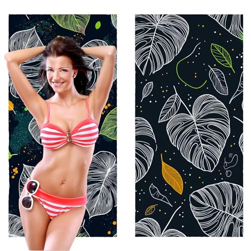 Strandtuch, Groß Strandhandtuch 80 x 160 cm 2er Set Mikrofaser Handtuch - Sandfrei Badetuch, Schnelltrocknendes Handtuch/Strandtuch xxl Saunatuch Stranddecke Zubehör (Pflanzen Blätter) V-1103 von QIANLUOO