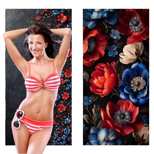 Strandtuch, Groß Strandhandtuch 90 x 180 cm 2er Set Mikrofaser Handtuch - Sandfrei Badetuch, Saugfähig und Schnelltrocknendes Handtuch/Strandtuch xxl Saunatuch Stranddecke Zubehör (Blumen) V-436 von QIANLUOO