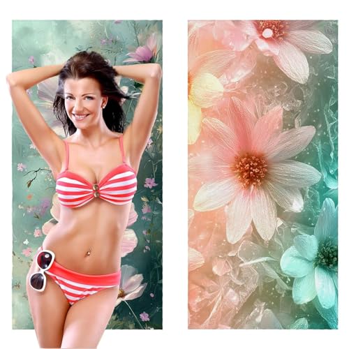 Strandtuch, Groß Strandhandtuch 90 x 180 cm 2er Set Mikrofaser Handtuch - Sandfrei Badetuch, Saugfähig und Schnelltrocknendes Handtuch/Strandtuch xxl Saunatuch Stranddecke Zubehör (Blumen rosa) V-446 von QIANLUOO