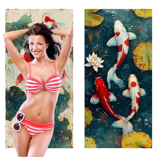 Strandtuch, Groß Strandhandtuch 90 x 180 cm 2er Set Mikrofaser Handtuch - Sandfrei Badetuch, Saugfähig und Schnelltrocknendes Handtuch/Strandtuch xxl Saunatuch Stranddecke Zubehör (Fisch) V-1042 von QIANLUOO