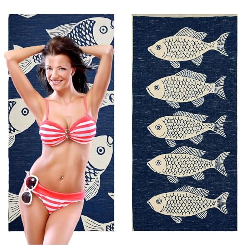 Strandtuch, Groß Strandhandtuch 90 x 180 cm 2er Set Mikrofaser Handtuch - Sandfrei Badetuch, Saugfähig und Schnelltrocknendes Handtuch/Strandtuch xxl Saunatuch Stranddecke Zubehör (Fischbestand) V1044 von QIANLUOO