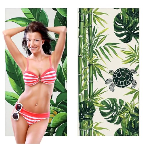 Strandtuch, Groß Strandhandtuch 90 x 180 cm 2er Set Mikrofaser Handtuch - Sandfrei Badetuch, Schnelltrocknendes Handtuch/Strandtuch xxl Saunatuch Stranddecke Zubehör (Pflanzen Schildkröten) V-1100 von QIANLUOO