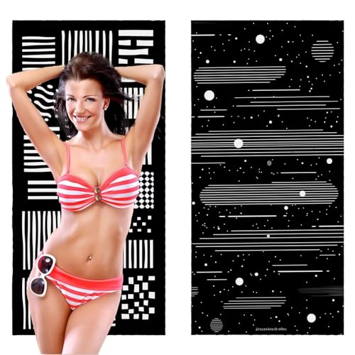 Strandtuch, Groß Strandhandtuch 90 x 200 cm 2er Set Mikrofaser Handtuch - Sandfrei Badetuch, Saugfähig und Schnelltrocknendes Handtuch/Strandtuch xxl Saunatuch Stranddecke Zubehör (Schwarz Weiß) V-377 von QIANLUOO