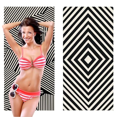 Strandtuch, Groß Strandhandtuch 90 x 200 cm 2er Set Mikrofaser Handtuch - Sandfrei Badetuch, Schnelltrocknendes Handtuch/Strandtuch xxl Saunatuch Stranddecke Zubehör (Schwarz Weiß Geometrie) V-383 von QIANLUOO