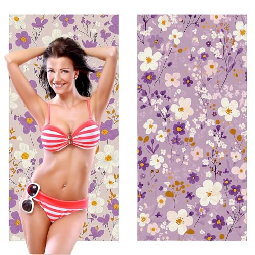 Strandtuch XXL, Mikrofaser Handtuch 2er Set 60 x 120 cm Groß Badetuch, Violett Blumen Strandtuch Schnell Trocknendes, Sandbeständig, Summer Must Haves, Saunahandtuch Herren, Geschenke für Frauen C1117 von QIANLUOO