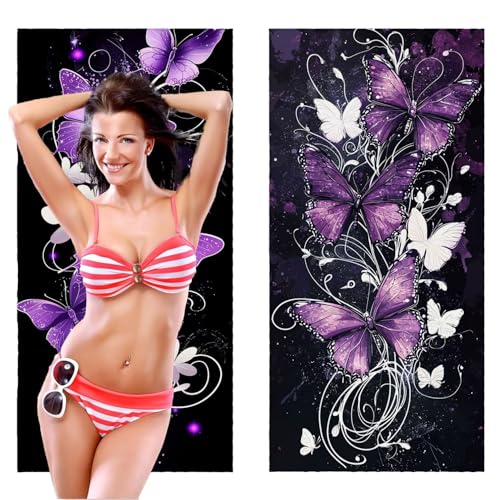 Strandtuch XXL, Mikrofaser Handtuch 2er Set 70 x 140 cm Groß Badetuch, Violett Schmetterling Strandtuch Schnell Trocknendes, Sandbeständig, Summer Saunahandtuch Herren, Geschenke für Frauen C-1114 von QIANLUOO