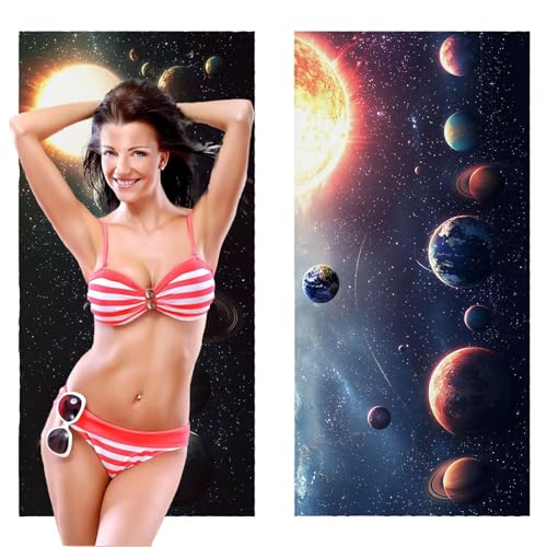 Strandtuch XXL, Mikrofaser Handtuch 2er Set 70 x 140 cm Groß Badetuch, Weltall Planeten Strandtuch Schnell Trocknendes, Sandbeständig, Summer Saunahandtuch Herren, Geschenke für Frauen C-1052 von QIANLUOO
