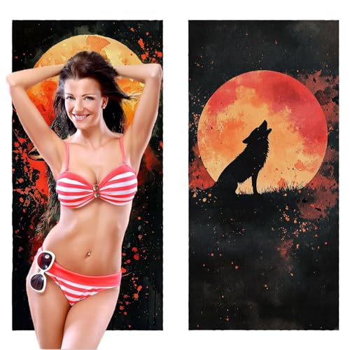 Strandtuch XXL, Mikrofaser Handtuch 2er Set 90 x 180 cm Groß Badetuch, Der Mond der Wolf Strandtuch Schnell Trocknendes, Sandbeständig, Summer Saunahandtuch Herren, Geschenke für Frauen C-1075 von QIANLUOO