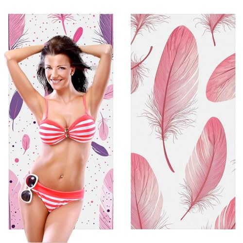 Strandtuch XXL, Mikrofaser Handtuch 2er Set 90 x 180 cm Groß Badetuch, Feder rosa Strandtuch Schnell Trocknendes, Sandbeständig, Summer Must Haves, Saunahandtuch Herren, Geschenke für Frauen C-1059 von QIANLUOO