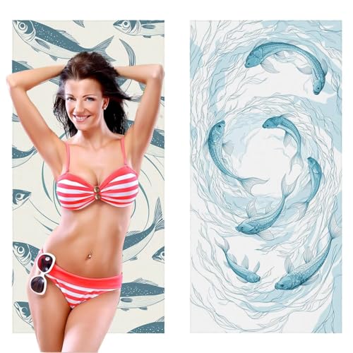Strandtuch XXL, Mikrofaser Handtuch 2er Set 90 x 180 cm Groß Badetuch, Fischbestand Strandtuch Schnell Trocknendes, Sandbeständig, Summer Must Haves, Saunahandtuch Herren, Geschenke für Frauen C-1043 von QIANLUOO