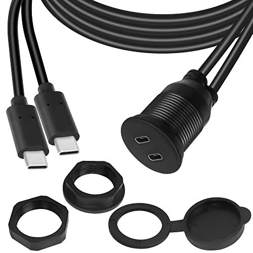 QIANRENON 2 USB C Gewinde Eingebettet Wasserdichtes Kabel Adapter Dual USB C 2.0 Stecker auf Buchse Kfz-Armaturenbrett Panel Montage Verlängerungskabel, für Auto, Boot, LKW, Yacht, Motorrad, 1m/3.3ft von QIANRENON