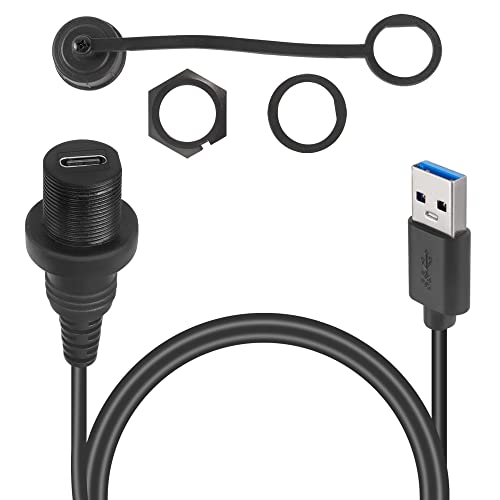 QIANRENON USB C auf USB 3.0 Gewinde Eingebettet Wasserdicht Kabel Adapter 5Gbps USB 3.0 Stecker auf USB C Buchse Panel-Montage Kabel, 5V/3A, Montage auf Armaturenbrett oder Gerätetafeln, 1M/3.3ft von QIANRENON