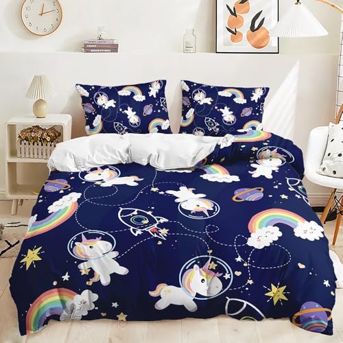 QIAOLA Cartoon Einhorn Bettwäsche 135x200cm Mikrofaser Bettbezug Kissenbezug (Keine Füllung) Einzelbett Geschenk für Jungen Mädchen (a,v,155x220cm+80x80cm) von QIAOLA