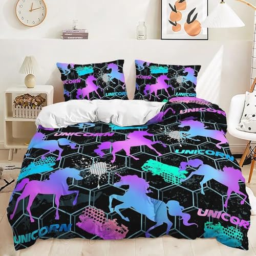 QIAOLA Cartoon Einhorn Bettwäsche 135x200cm Mikrofaser Bettbezug Kissenbezug (Keine Füllung) Einzelbett Geschenk für Jungen Mädchen (c,v,180x210cm+75x50cm) von QIAOLA