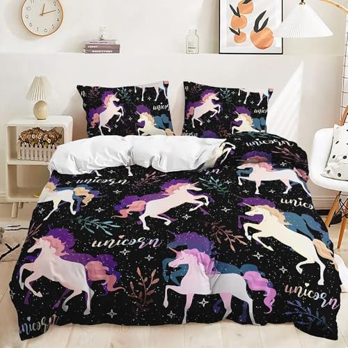 QIAOLA Cartoon Einhorn Bettwäsche 135x200cm Mikrofaser Bettbezug Kissenbezug (Keine Füllung) Einzelbett Geschenk für Jungen Mädchen (d,v,135x200cm+80x80cm) von QIAOLA