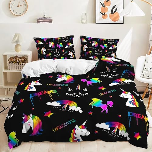 QIAOLA Niedliche Einhorn Bettwäsche 135x200cm Mikrofaser Bettbezug Kissenbezug für Zuhause (Keine Füllung) für Jungen Mädchen Geschenk (b,v,200x200cm+80x80cm) von QIAOLA