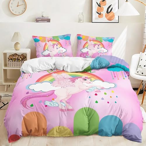QIAOLA Niedliche Einhorn Bettwäsche 135x200cm Mikrofaser Bettbezug Kissenbezug für Zuhause (Keine Füllung) für Jungen Mädchen Geschenk (d,v,180x210cm+80x80cm) von QIAOLA