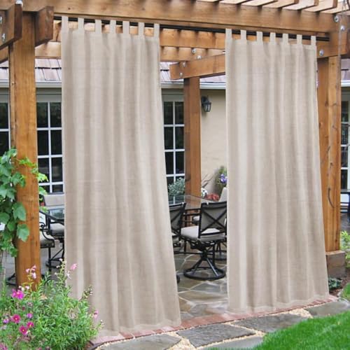 QIAQ Outdoor Gardinen 132 * 213CM-2 Stücke Wetterfest Halbtransparent Outdoor Vorhang Wasserdicht Terrasse Vorhänge Mit Klettverschluss Leinenoptik Outdoorvorhänge Leinen von QIAQ
