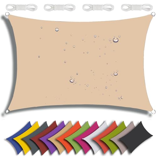 QIAQ Sonnensegel Wasserdicht Rechteckig Sonnenschutz Wasserabweisend Premium Polyester Mit UV Schutz Für Balkon Garten Terrasse (4x7m,Beige) von QIAQ