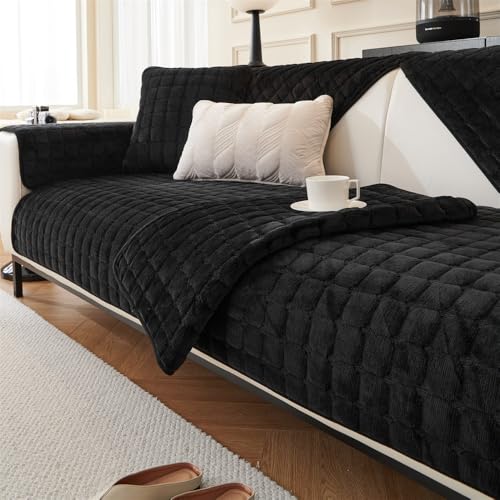 QIAQ Weiche Samt-Sofabezüge, waschbar, universelle rutschfeste Sofakissenbezüge, 1-, 2-, 3-, 4-Sitzer-Couchbezüge für Sektionalsofa (70 x 210 cm, Schwarz) von QIAQ