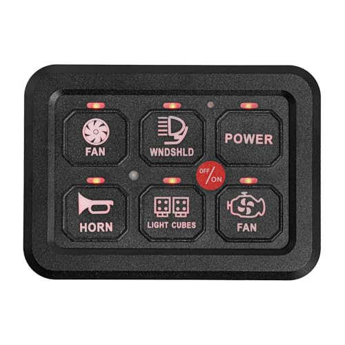 QIERF 6-Gang Schalter Panel Schalterfeld 9-30V DC, 720W Automatische Dimmfunktion, Schutz (Verpolung/Überstrom) für Auto, LKW, Wohnmobile und Boote, Aluminiumlegierung+ABS (Rot) von QIERF