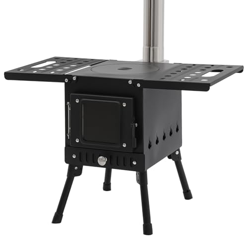 QIERF Campingkocher Holzofen, Camping Ofen Klappbar Tragbar, Outdoor BBQ mit Feuerrohr 36-56cm Höhenverstellbar für Outdoor Grill, Camping und Zelt von QIERF