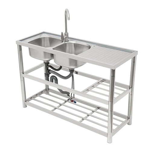 QIERF Küchenspüle Doppelbecken Edelstahl Spüle Freistehende Spüle 2 Becken(Links), 120x45x80cm, 100kg Tragfähigkeit, 360° drehbarer Wasserhahn, für Haushalt, Restaurant und Hotel, Silber von QIERF