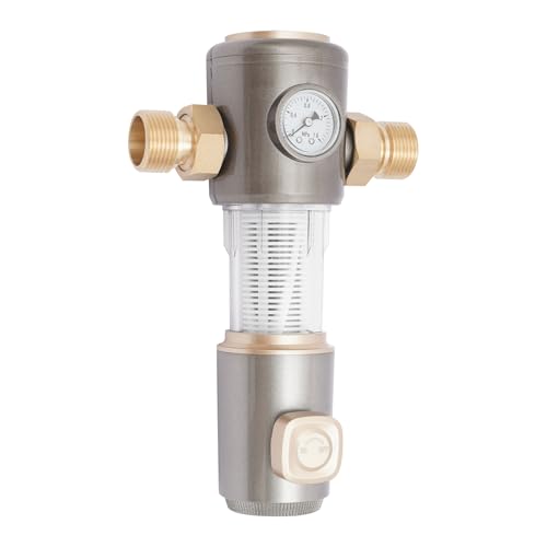 QIERF Rückspülfilter 1 Zoll, Wasserfilter Wiederverwendbare, Hauswasserfilter mit druckminderer, Spin Down Sediment Wasserfilter, für Brunnenwasserschlauch Sedimentfilter (Grau) von QIERF