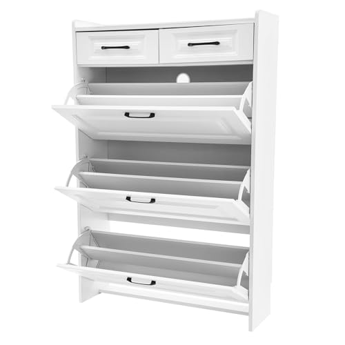 QIERF Schuhschrank mit 3 Klappen, Schuhkipper Schmal, Freistehend Flip Schuhregal Anti-Kipp-Vorrichtung für Eingangsbereich, 80 * 24 * 120cm, Weiß von QIERF