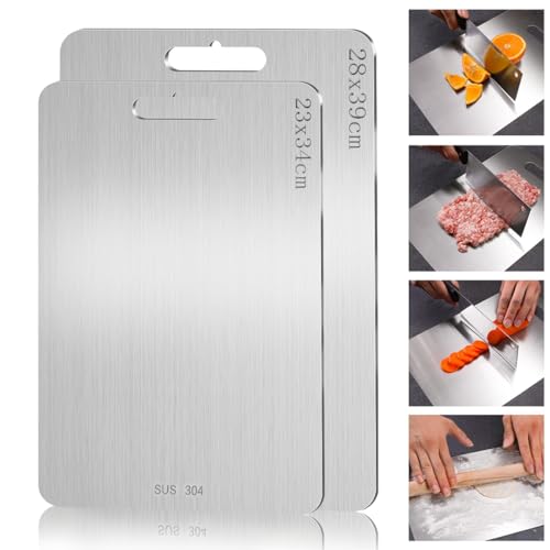 Titan Schneidebrett, 2 Stück Schneidbrett aus Edelstahl, Titanium Cutting Board, Leicht zu Reinigen, Doppelseitiges Lebensmittel Grade Schneidebrett für Fleisch Gemüse Obst Schneiden von QIGHLIS
