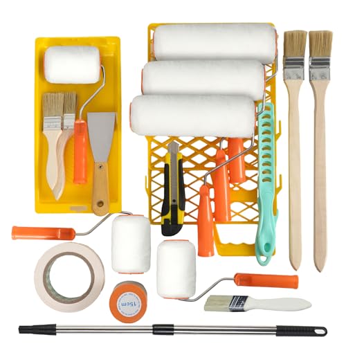QILICZ Komplettes Malerset für Anstrich von Wand und Decke Farbroller Pinsel Abdeckfolie Klebeband Teleskopstange und praktische Helfer QILICZ Komplettes Malerset für Anstrich von Wand und Decke Farbroller Pinsel Abdeckfolie Klebeband Teleskopstange und praktische Helfer von QILICZ