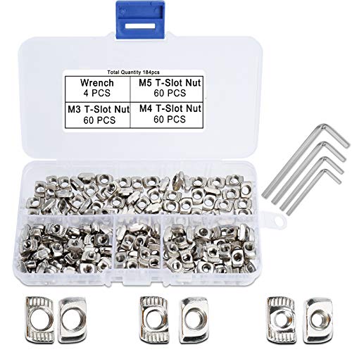 QIMEI-SHOP Nutensteine M3 M4 M5 Hammermutter T Nut Muttern Hammerkopfmutter Kohlenstoffstahl mit 4 Inbusschlüssel für 20 Serie Aluminiumprofile Extrusionsschlitz 184 Stück von QIMEI-SHOP
