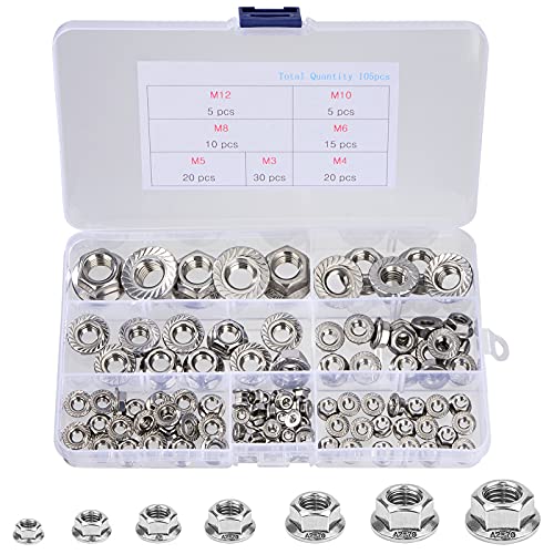 QIMEI-SHOP Flanschmuttern Edelstahl Selbstsichernde Muttern M3 M4 M5 M6 M8 M10 M12 Sechskantmuttern mit Sperrverzahnung nach DIN 6923 Muttern Sortiment Kit 105 Stück von QIMEI-SHOP