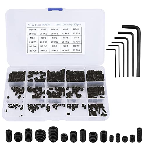 QIMEI-SHOP Madenschrauben Sortiment M2.5 M3 M4 M5 M6 M8 Schrauben Gewindestift Set Legiertem Kohlenstoffstahl mit Inbusschlüssel Schwarz 300 Stück von QIMEI-SHOP