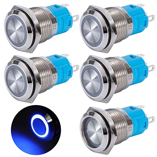 QIMEI-SHOP Druckschalter Wasserdicht 16mm Taster LED Schalter 12-24 V 3A Verriegelung Druckknopfschalter Messing 5 Pin mit Blau Ring LED-Licht für Auto KFZ Boot Motorrad 5 Stück von QIMEI-SHOP