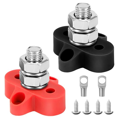 QIMEI-SHOP Anschlussbolzen M10 Batterieklemmenblöcke 12V-48V Batterie Stromverteilungs Klemmblock Sammelschiene Busbar für Auto Wohnmobil Boot Schwarz und Rot 2 Stück von QIMEI-SHOP