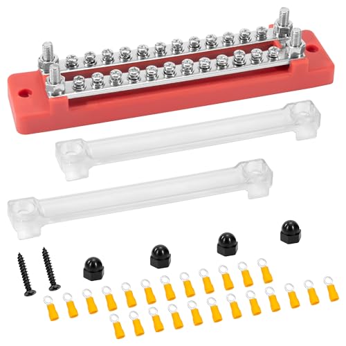 QIMEI-SHOP Sammelschiene 12V-48V DC Sammelschienen Verteilerblock Busbar 150A Stromverteilungsblock 2-Wege mit 24 x M4 Klemmenbolzen für Auto LKW Boot Rot von QIMEI-SHOP